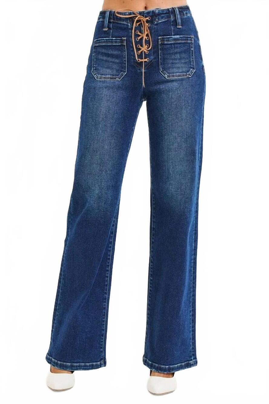 NEW RISEN finny front tie wide leg jeans in blue
